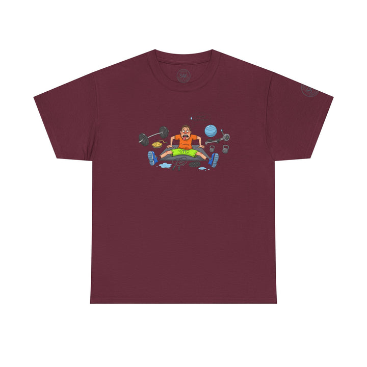 Maroon t-shirt by S&amp;W Gallus with a cartoon graphic of a man collapsed on a gym mat surrounded by workout equipment.