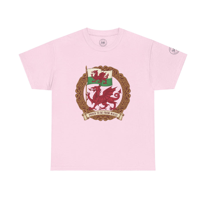 Pink t-shirt by S&amp;W Gallus featuring a Welsh dragon emblem and "Proud to be from Wales" text.
