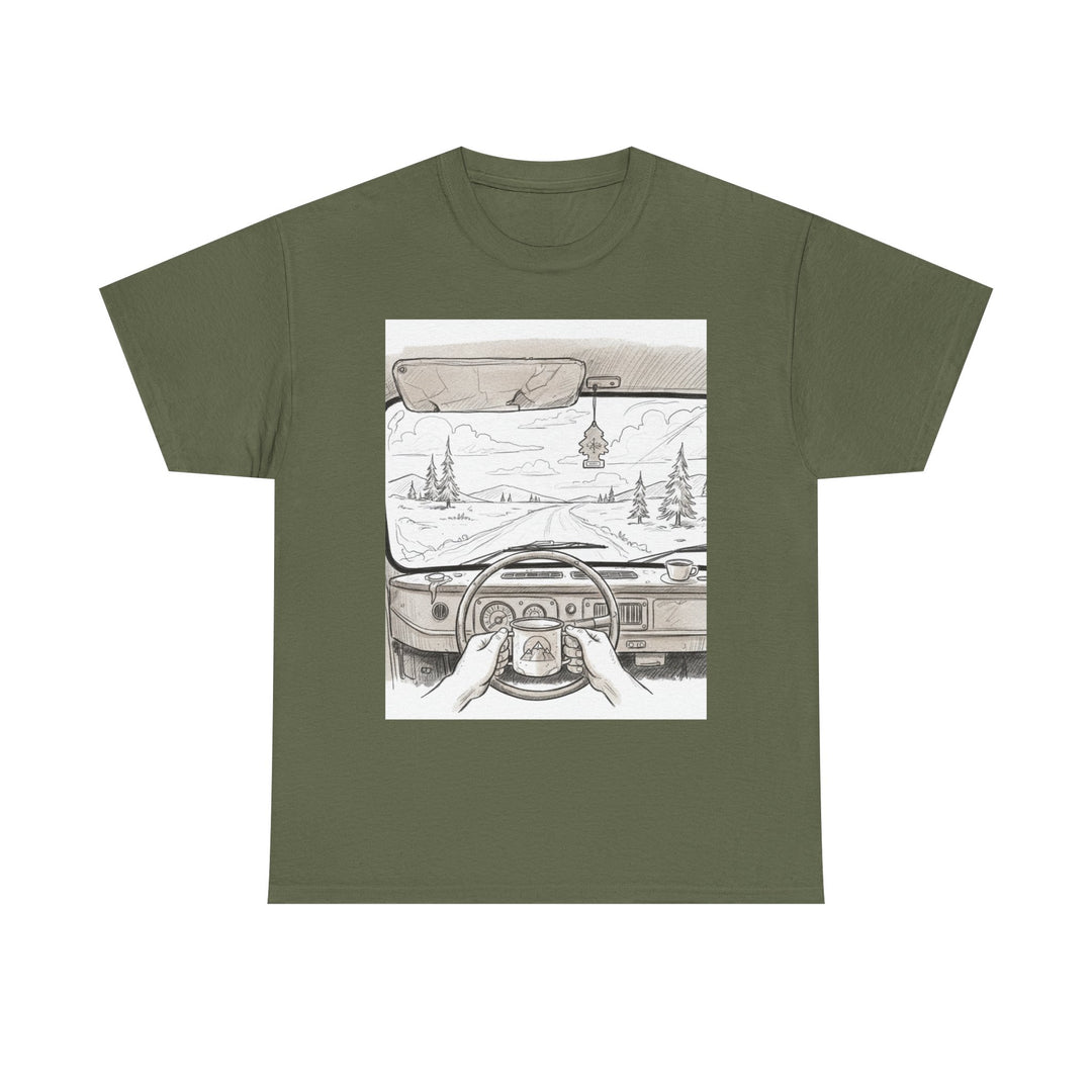 Scenic Drive Van Illustration Tee – soft cotton with a detailed van and landscape design. Perfect for road trips, outdoor adventures, and casual wear.
