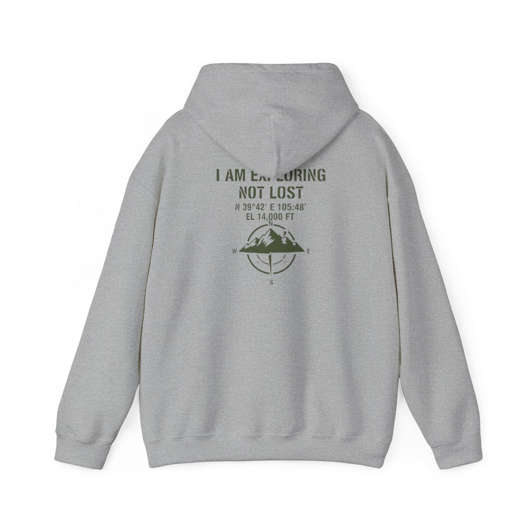 Gallus Adventure Hoodie - "I Am Exploring Not Lost" Graphic Travel Pullover