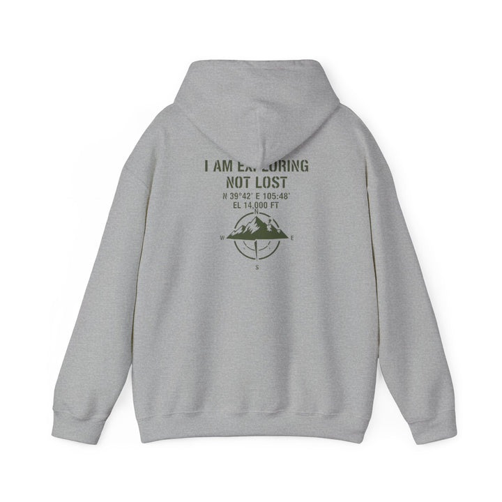 Gallus Adventure Hoodie - "I Am Exploring Not Lost" Graphic Travel Pullover