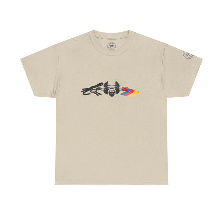 Tan T-shirt by S&amp;W Gallus featuring printed circuit set-up graphic on the front.