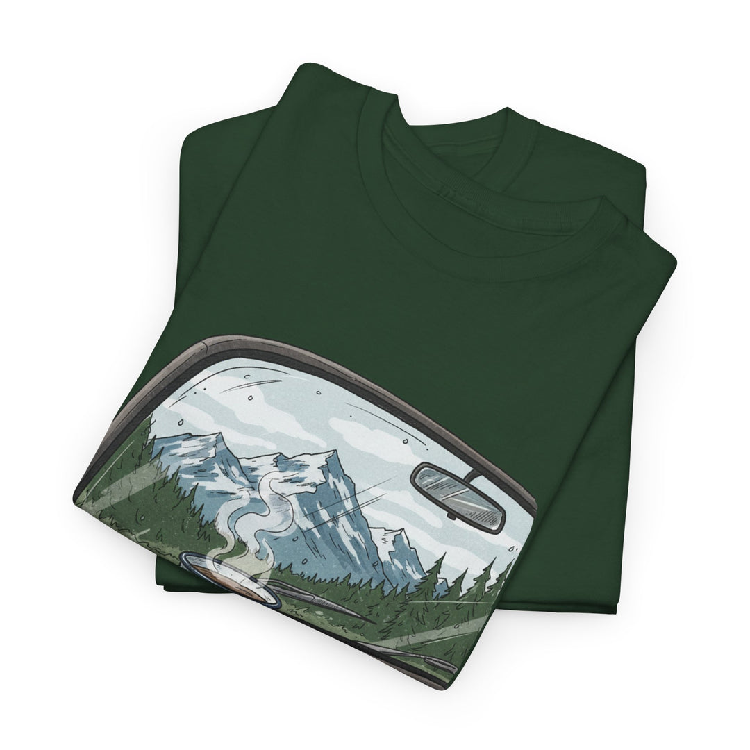 Van Roadtrip View T-Shirt featuring a scenic travel-inspired design. Soft cotton comfort perfect for van life, road trips, and outdoor adventures.