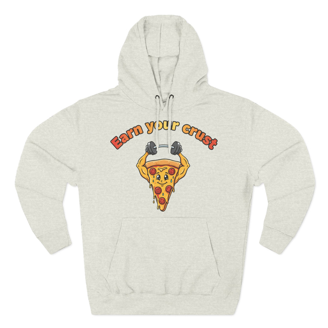 Gray hoodie by S&amp;W Gallus featuring a cartoon pizza slice lifting weights and the phrase "Earn your crust".