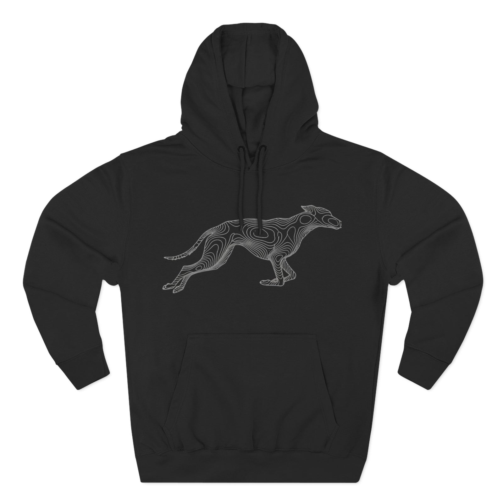 Black running greyhound hoodie by S&W Gallus, featuring an abstract topographic design.