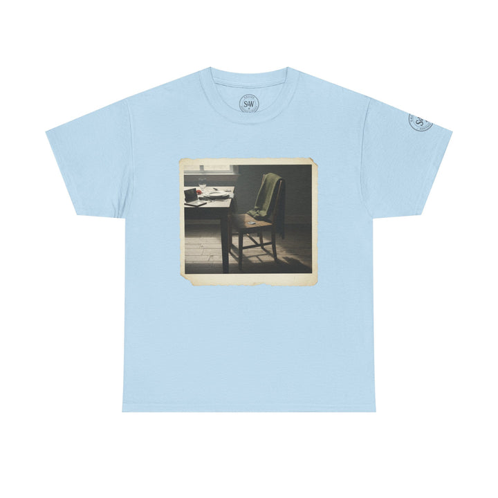 Light blue t-shirt by S&amp;W Gallus with a vintage photograph of a sparsely furnished room printed on the front.