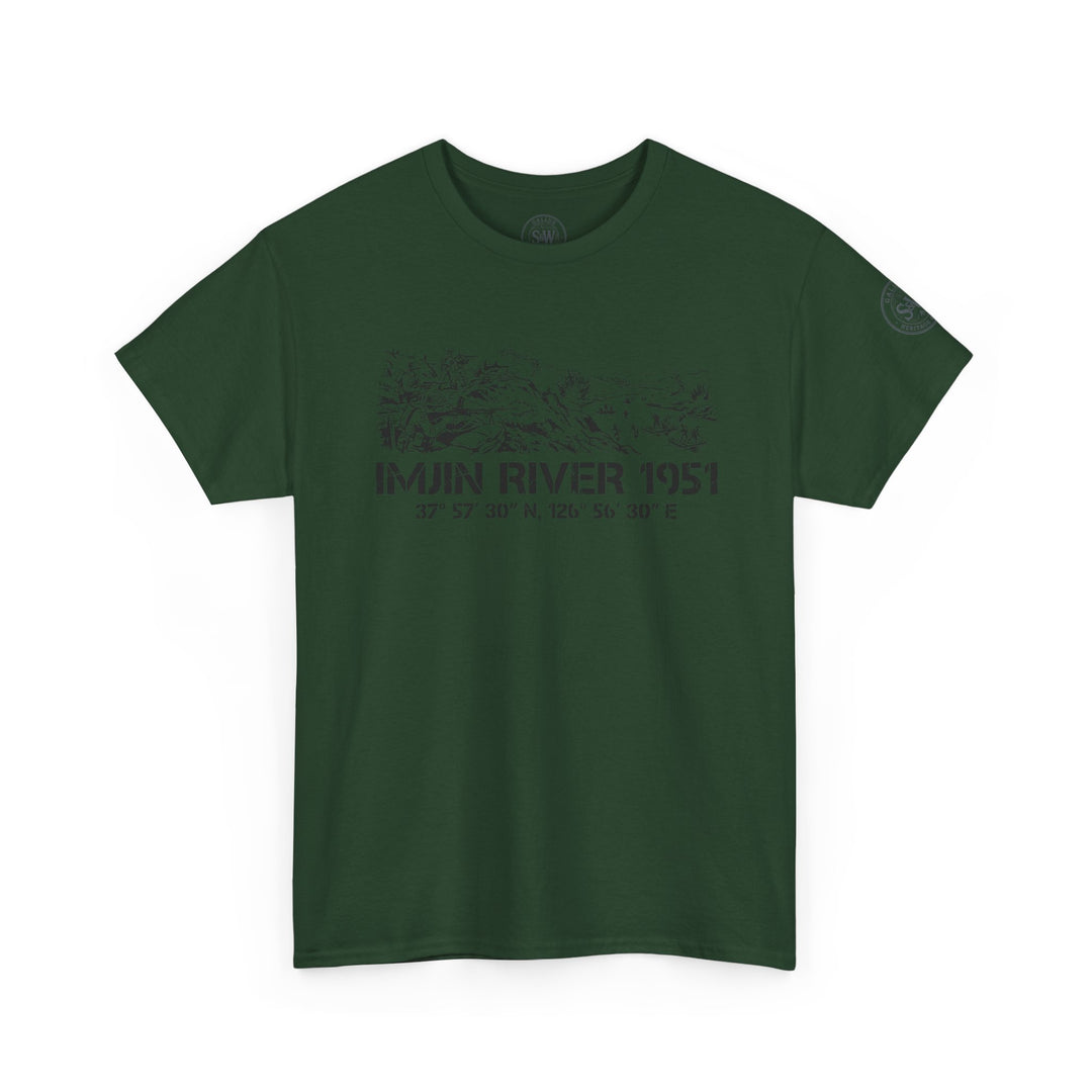 Dark green t-shirt by S&amp;W Gallus with "Imjin River 1951" text and topographic map graphic on the front.