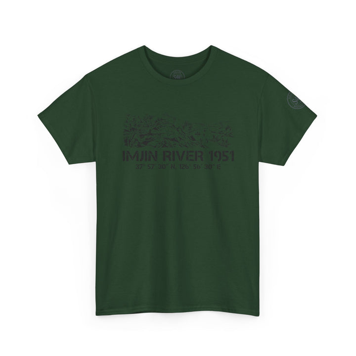 Dark green t-shirt by S&amp;W Gallus with "Imjin River 1951" text and topographic map graphic on the front.