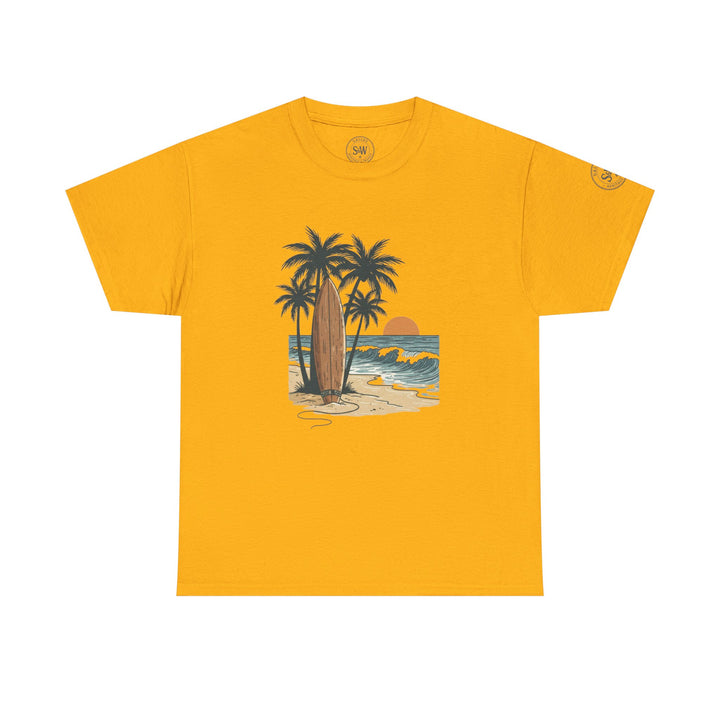 Mustard yellow graphic tee by S&amp;W Gallus featuring a beach scene with surfboard, palm trees, and ocean waves.