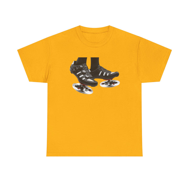 Spin Shoes Tee – soft, breathable cotton featuring a cycling shoes graphic. Perfect for spin classes, indoor workouts, and casual activewear.