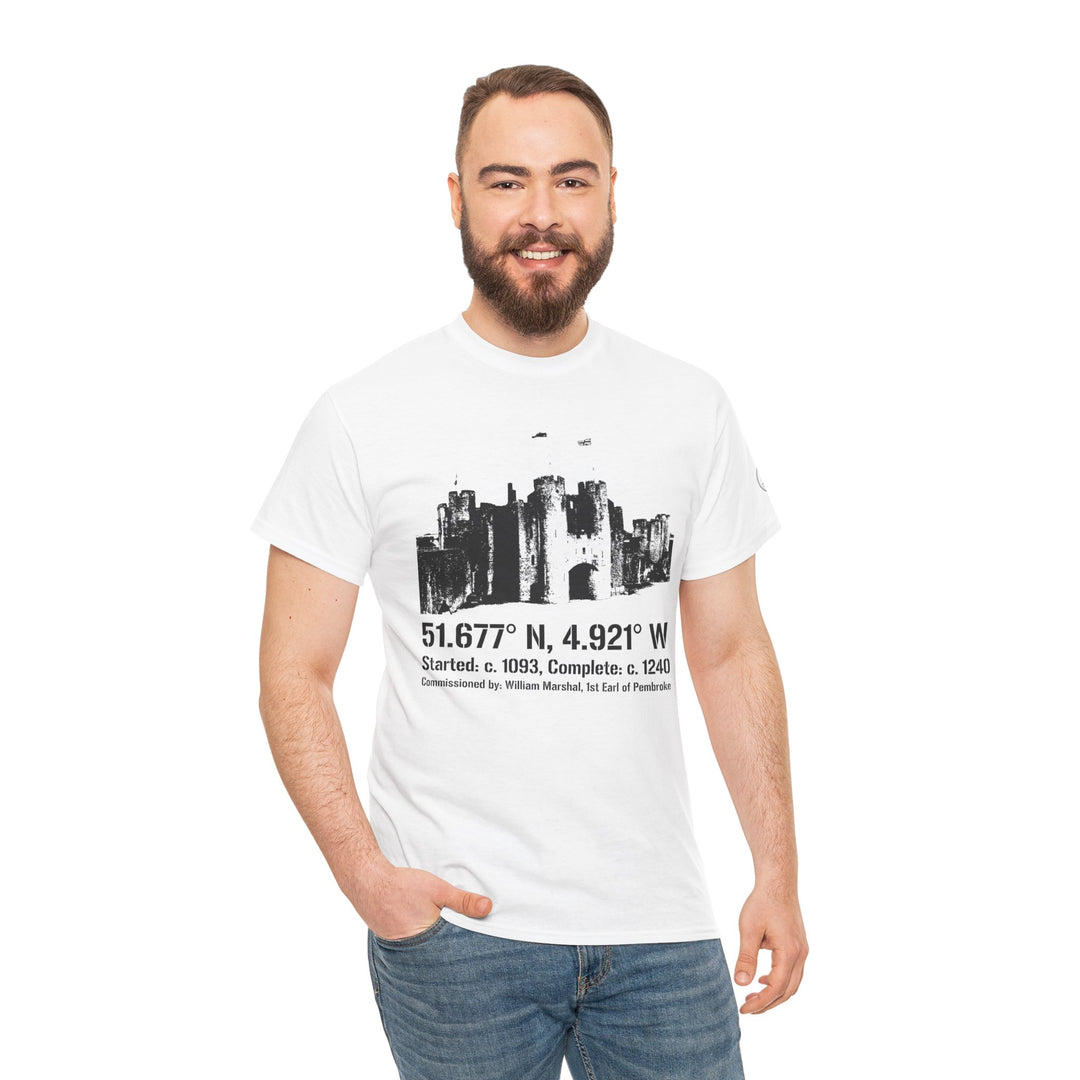 White Pembroke Castle T-shirt by S&amp;W Gallus, featuring castle graphic with printed text, worn with jeans.