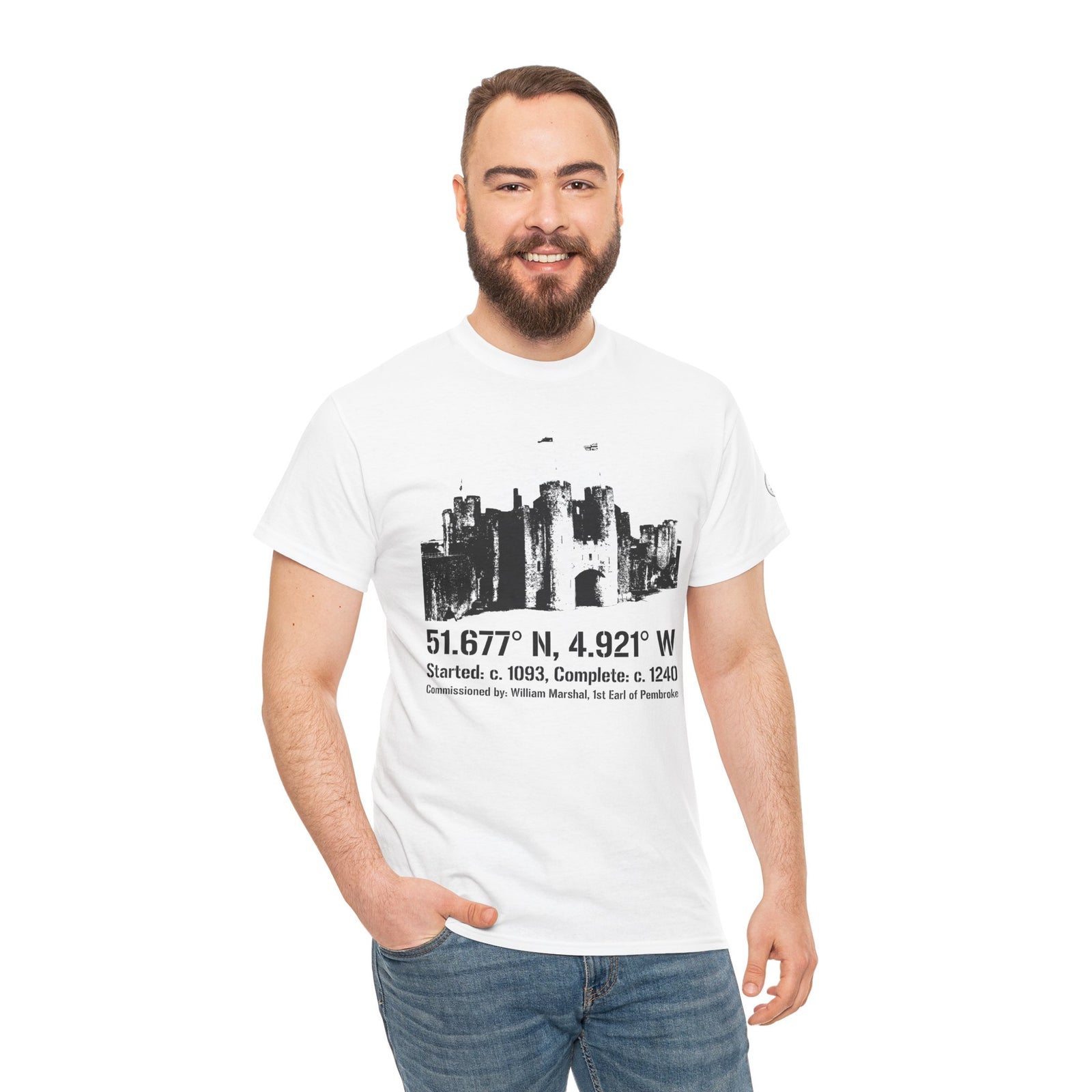 White Pembroke Castle T-shirt by S&W Gallus, featuring castle graphic with printed text, worn with jeans.