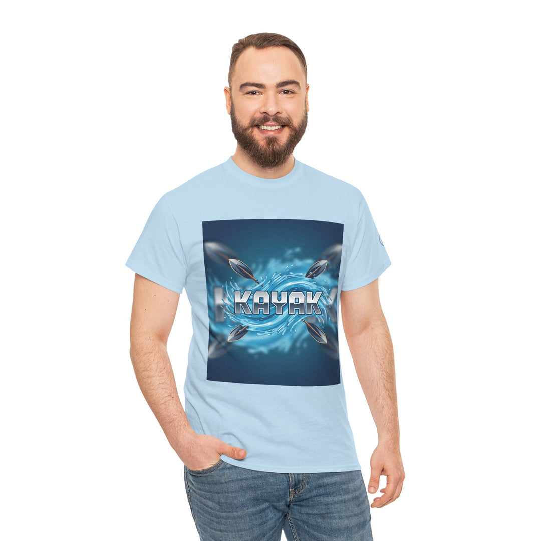 Light blue t-shirt with "Kayak" graphic by S&amp;W Gallus, worn with jeans by a bearded model.