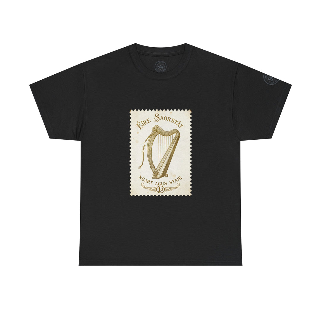 Black t-shirt by S&amp;W Gallus featuring a vintage Irish harp stamp design on the front.