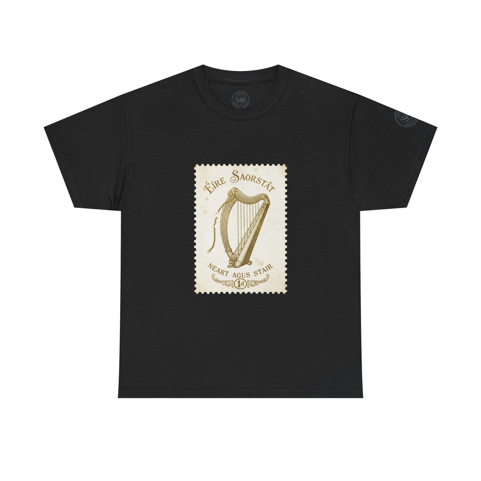 Black t-shirt by S&W Gallus featuring a vintage Irish harp stamp design on the front.