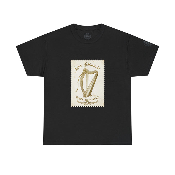 Black t-shirt by S&amp;W Gallus featuring a vintage Irish harp stamp design on the front.