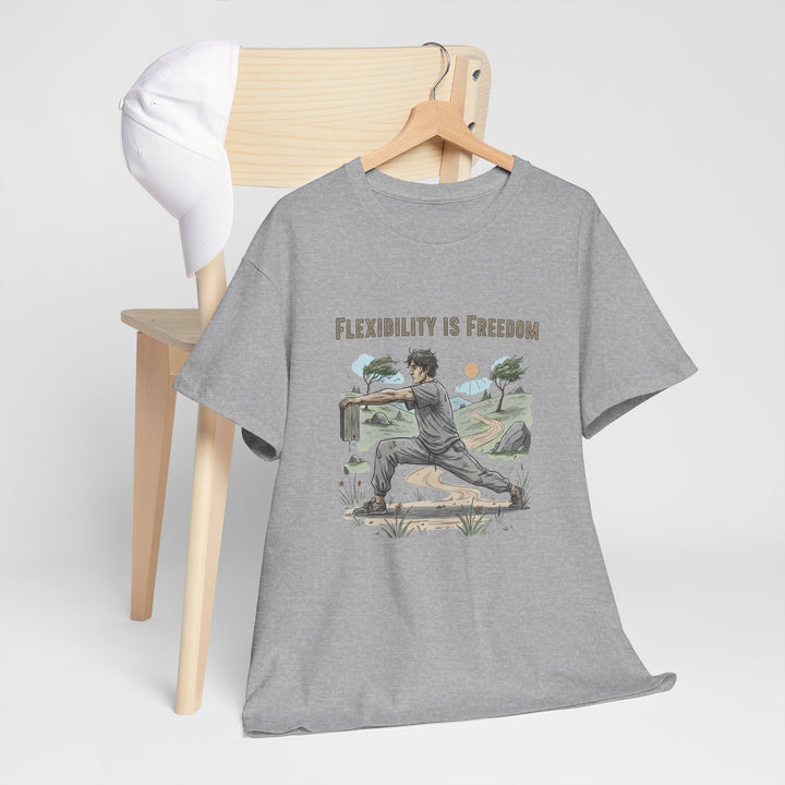 Flexibility Is Freedom Tee – soft, breathable cotton featuring a motivational design. Perfect for yoga, Pilates, stretching, or casual active lifestyle wear.