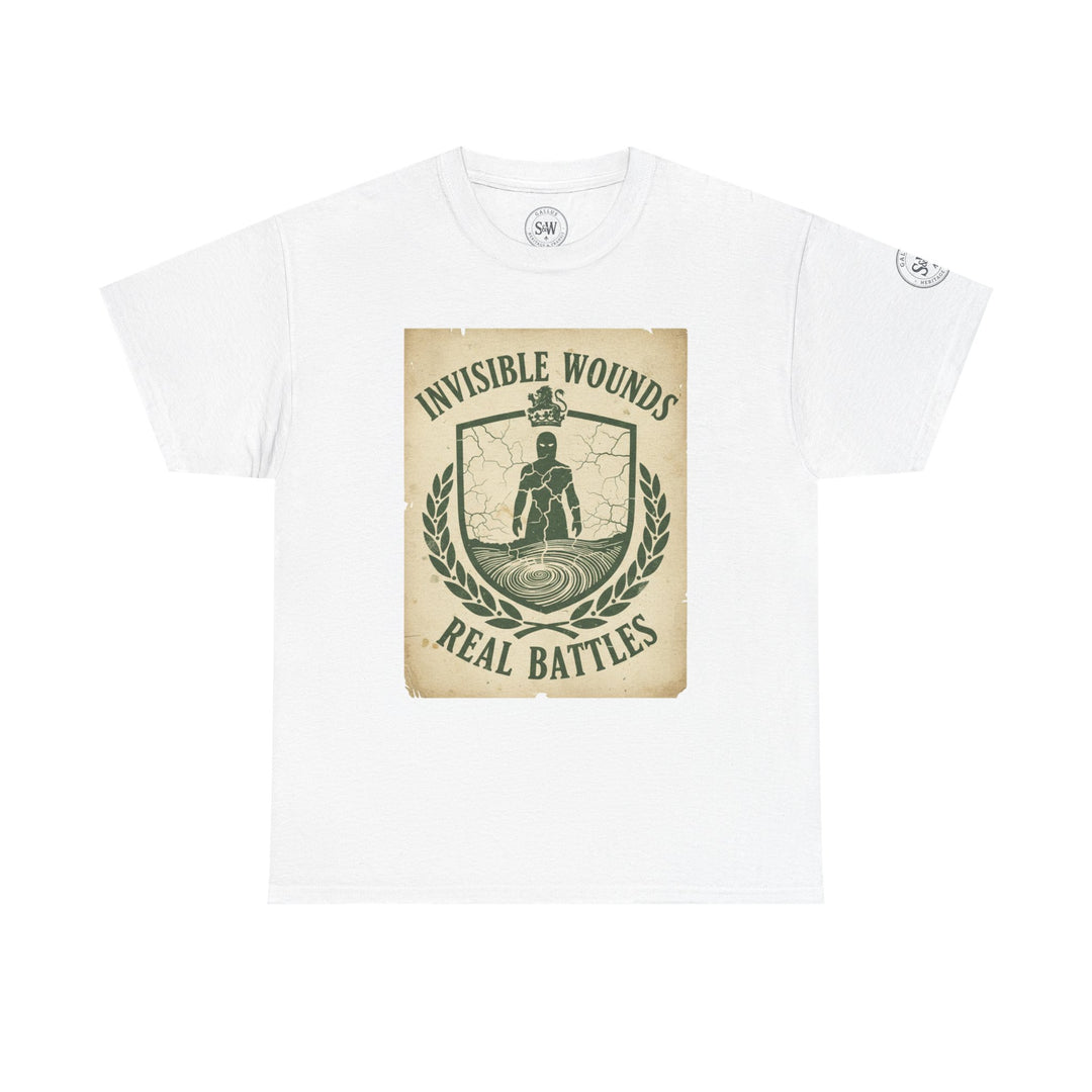 White t-shirt by S&amp;W Gallus, featuring a graphic emblem with the words "Invisible Wounds, Real Battles".