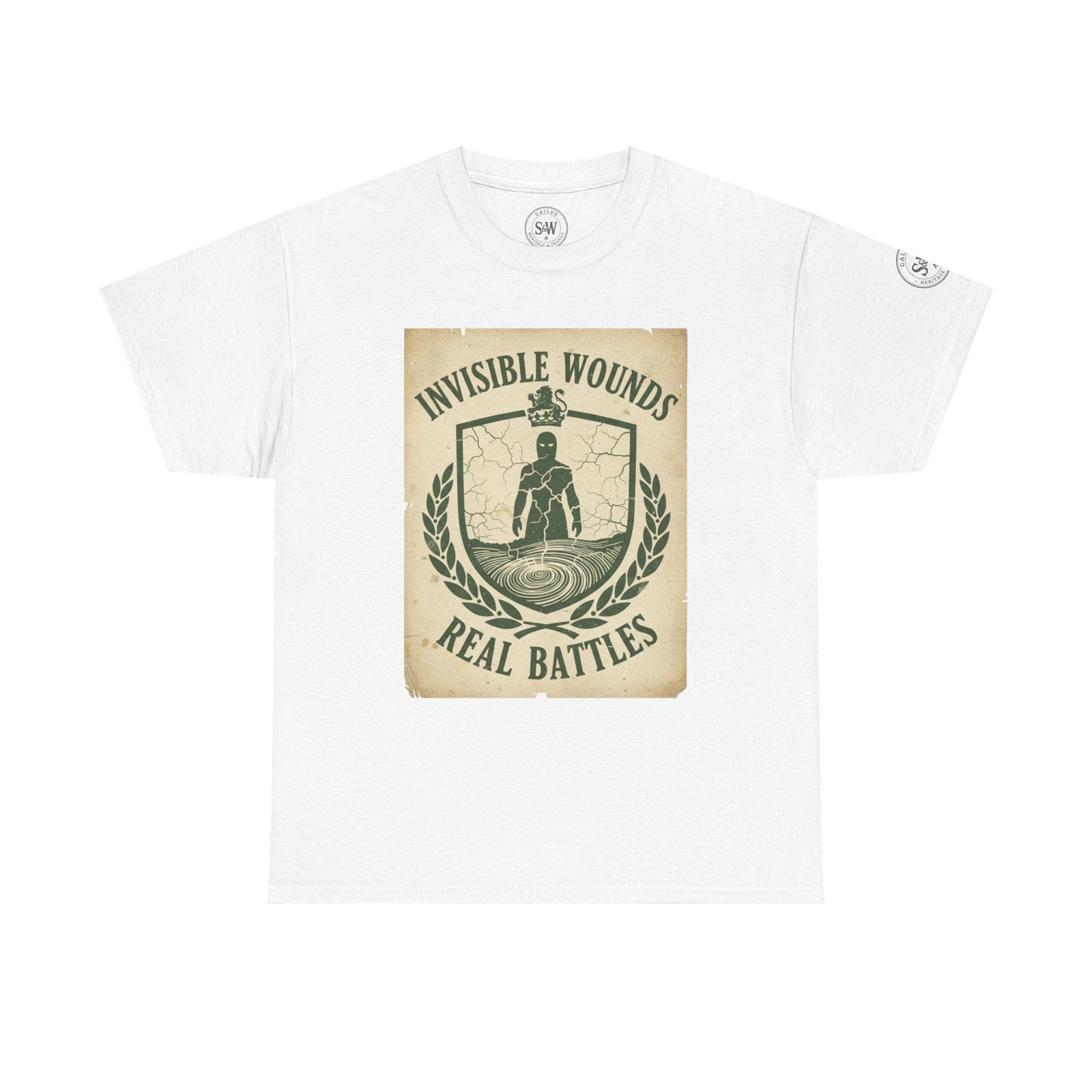 White t-shirt by S&W Gallus, featuring a graphic emblem with the words "Invisible Wounds, Real Battles".