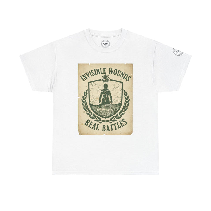 White t-shirt by S&amp;W Gallus, featuring a graphic emblem with the words "Invisible Wounds, Real Battles".
