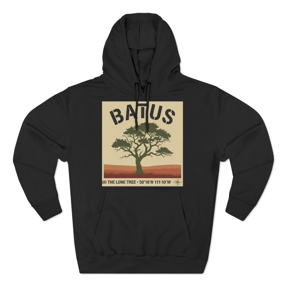 Black hoodie by S&amp;W Gallus featuring a lone tree graphic with coordinates.