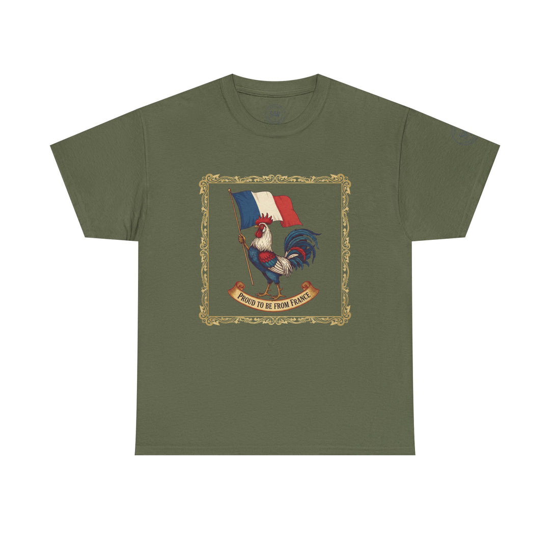 Olive green t-shirt by S&amp;W Gallus featuring a framed graphic of a rooster holding the French flag and a banner with the phrase "Proud to be from France".