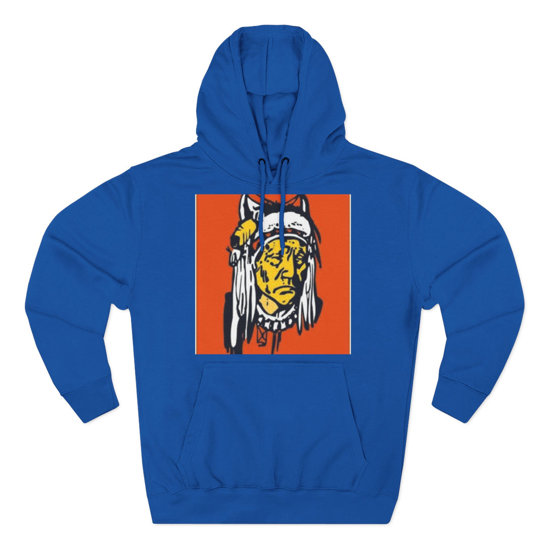 Royal blue hoodie by S&amp;W Gallus featuring a heritage graphic print on an orange square.