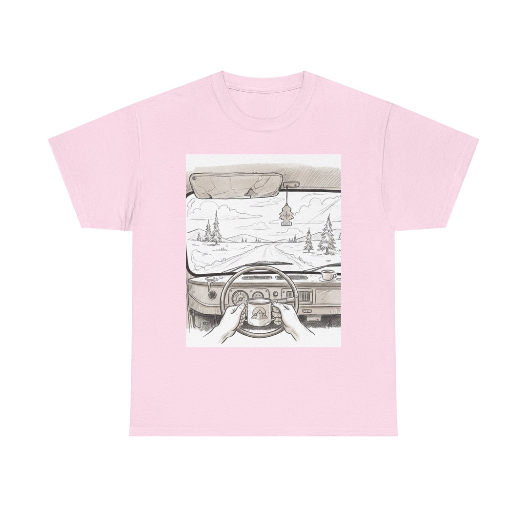 Scenic Drive Van Illustration Tee – soft cotton with a detailed van and landscape design. Perfect for road trips, outdoor adventures, and casual wear.