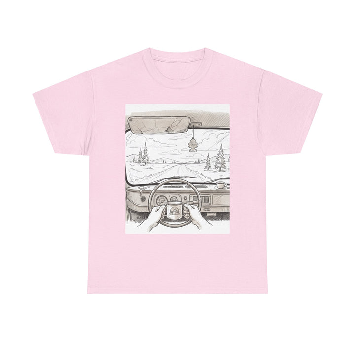 Scenic Drive Van Illustration Tee – soft cotton with a detailed van and landscape design. Perfect for road trips, outdoor adventures, and casual wear.