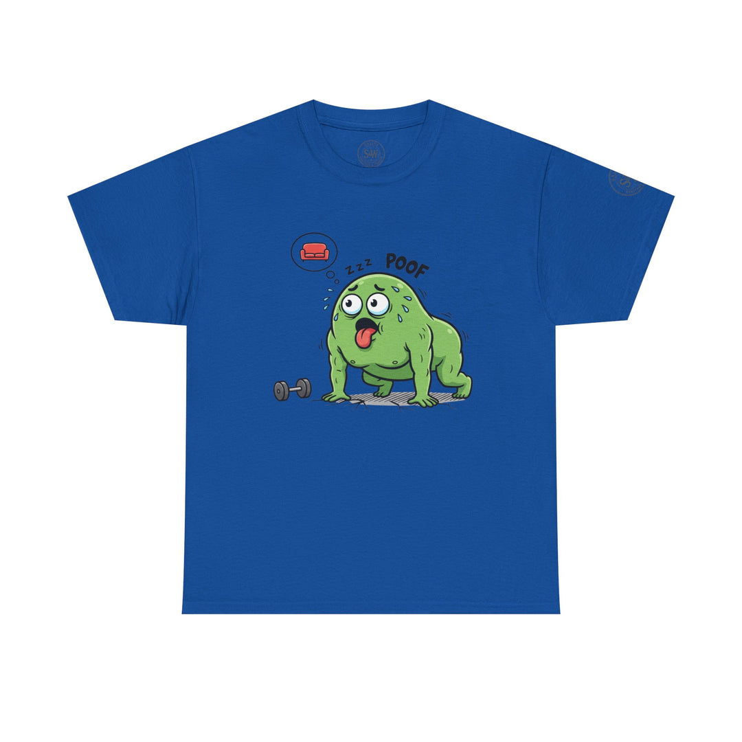 Blue T-shirt by S&amp;W Gallus with a cartoon of a tired green creature after a workout.