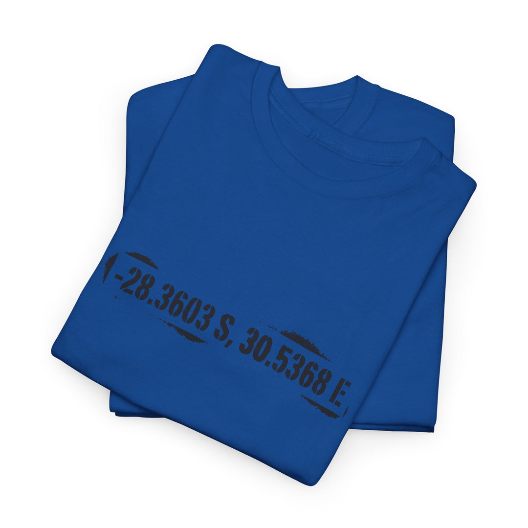 Rorke’s Drift T-Shirt featuring historic battle coordinates. Honor the 1879 Anglo-Zulu War with precise latitude &amp; longitude design.