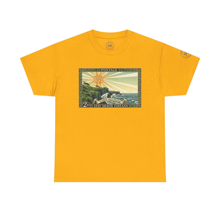 Mustard-yellow T-shirt by S&amp;W Gallus, featuring a vintage Irish postage stamp graphic in the center.
