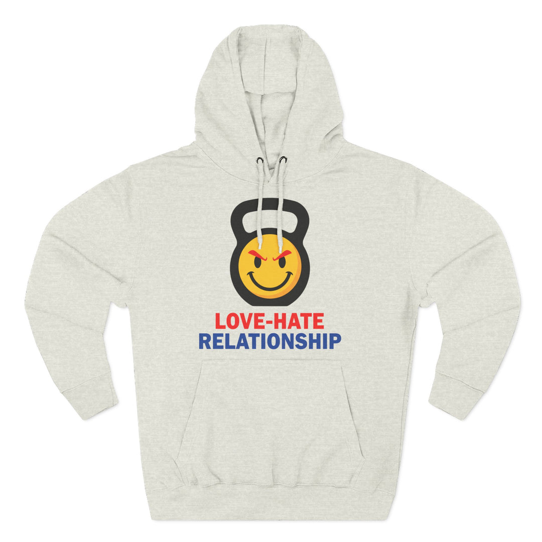 Heather gray hoodie by S&amp;W Gallus with a kettlebell graphic and "Love-Hate Relationship" text on the front.