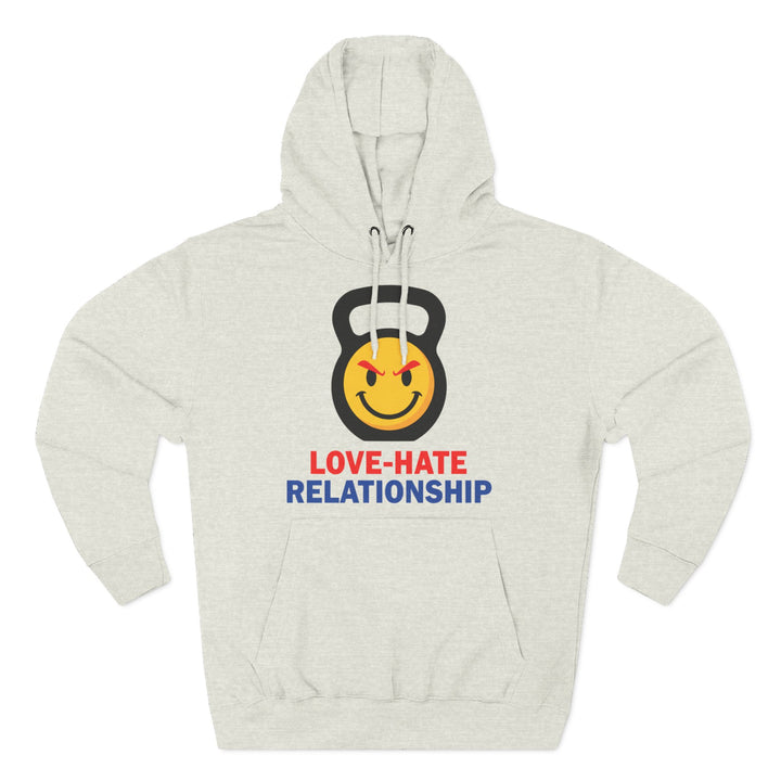 Heather gray hoodie by S&amp;W Gallus with a kettlebell graphic and "Love-Hate Relationship" text on the front.