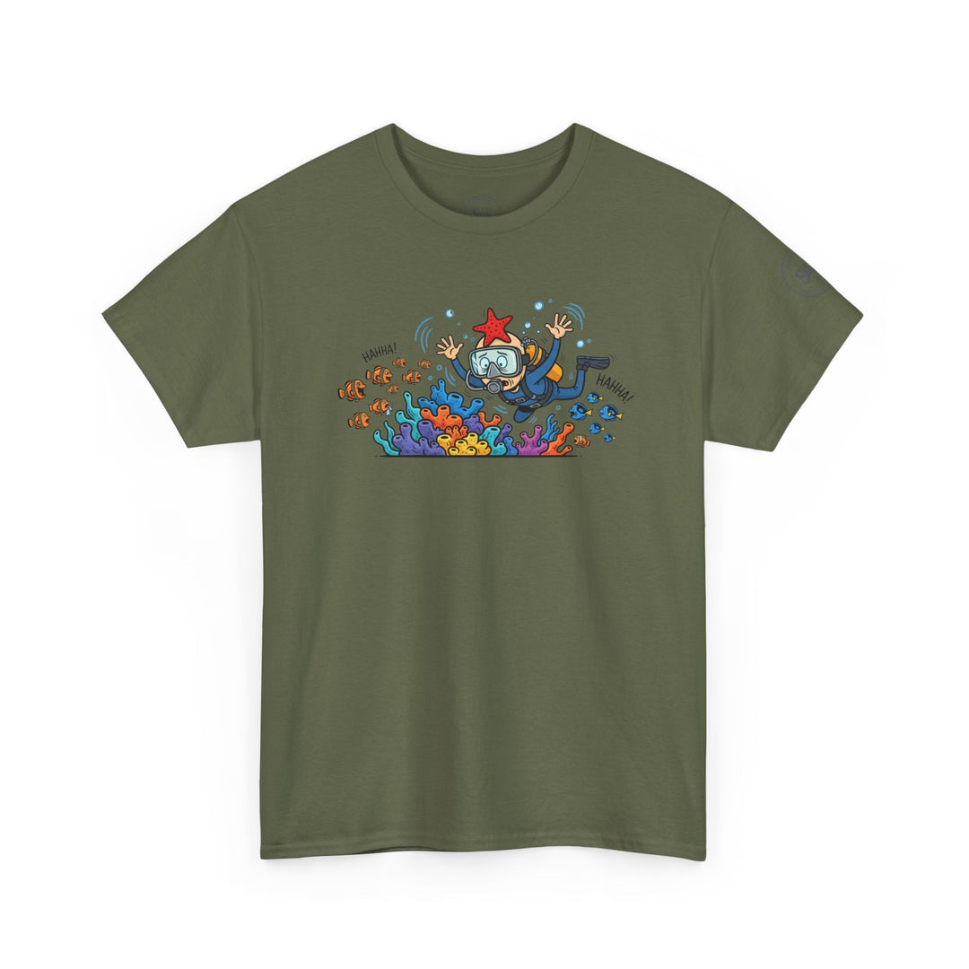 Olive drab t-shirt by S&amp;W Gallus featuring a cartoon diver and coral reef graphic.