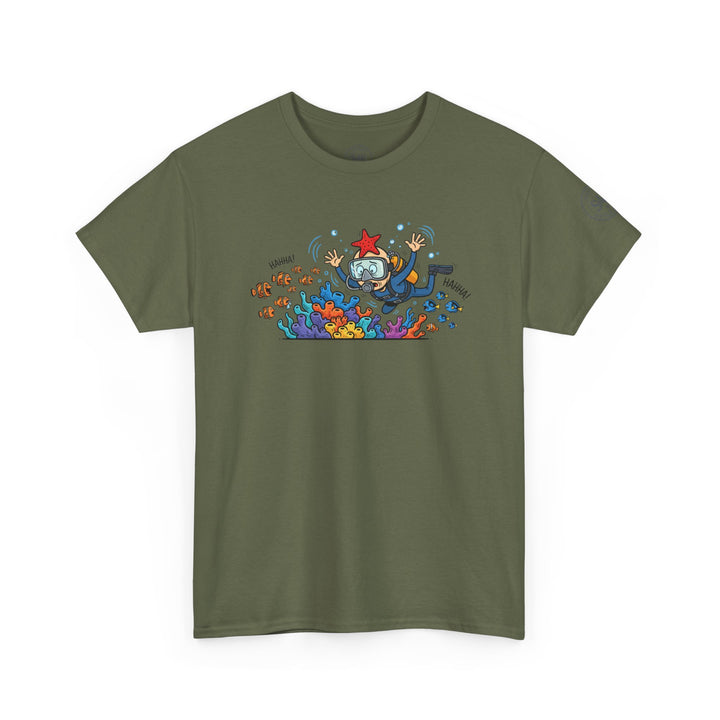 Olive drab t-shirt by S&amp;W Gallus featuring a cartoon diver and coral reef graphic.