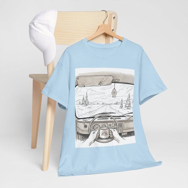 Scenic Drive Van Illustration Tee – soft cotton with a detailed van and landscape design. Perfect for road trips, outdoor adventures, and casual wear.