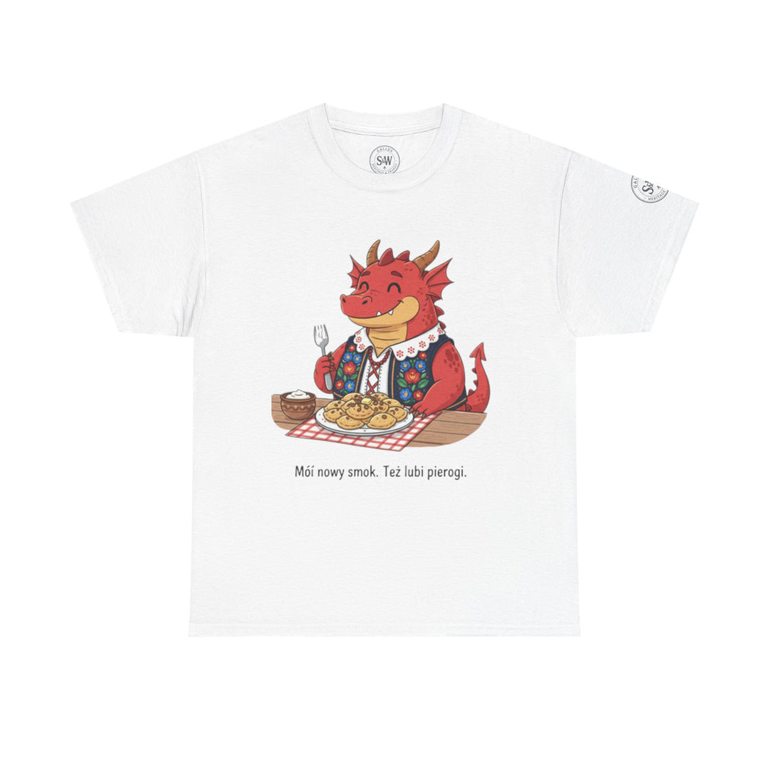 White Dragon Eating Pierogi T-shirt by S&amp;W Gallus, featuring a cute dragon graphic with pierogi and Polish text.