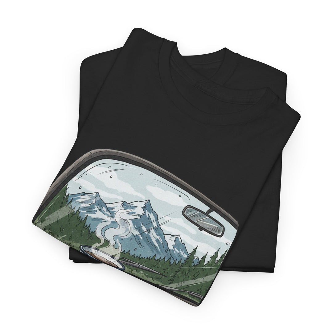 Van Roadtrip View T-Shirt featuring a scenic travel-inspired design. Soft cotton comfort perfect for van life, road trips, and outdoor adventures.