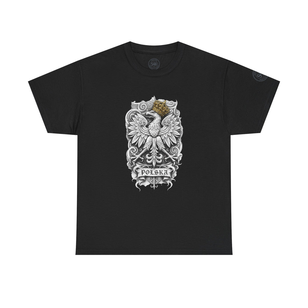 Black t-shirt by S&amp;W Gallus featuring a central graphic print of a white eagle with a crown and "Polska" text.