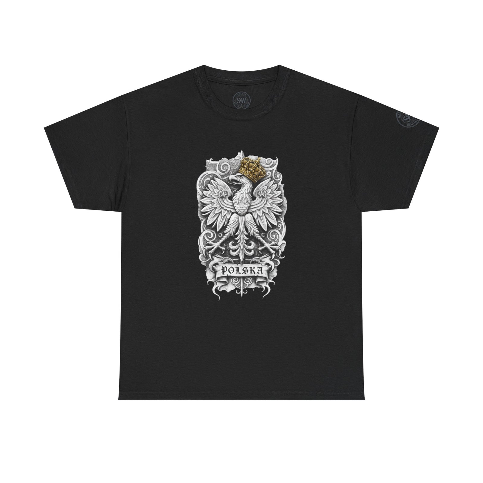 Black t-shirt by S&W Gallus featuring a central graphic print of a white eagle with a crown and "Polska" text.