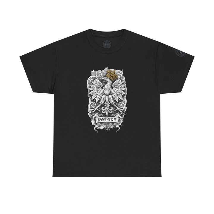 Black t-shirt by S&amp;W Gallus featuring a central graphic print of a white eagle with a crown and "Polska" text.