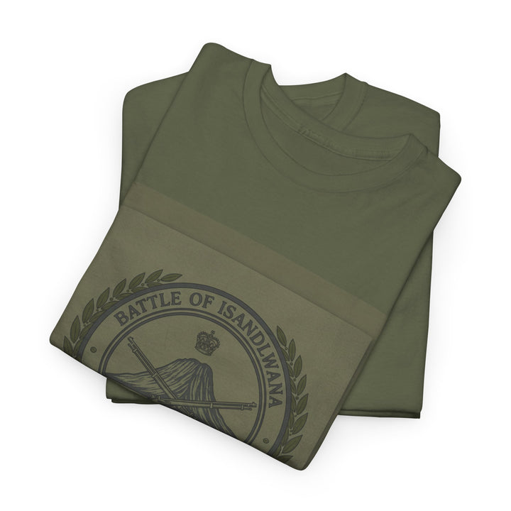 Isandlwana vintage military emblem crewneck T-shirt. Heritage graphic design inspired by historic battlefield legacy.