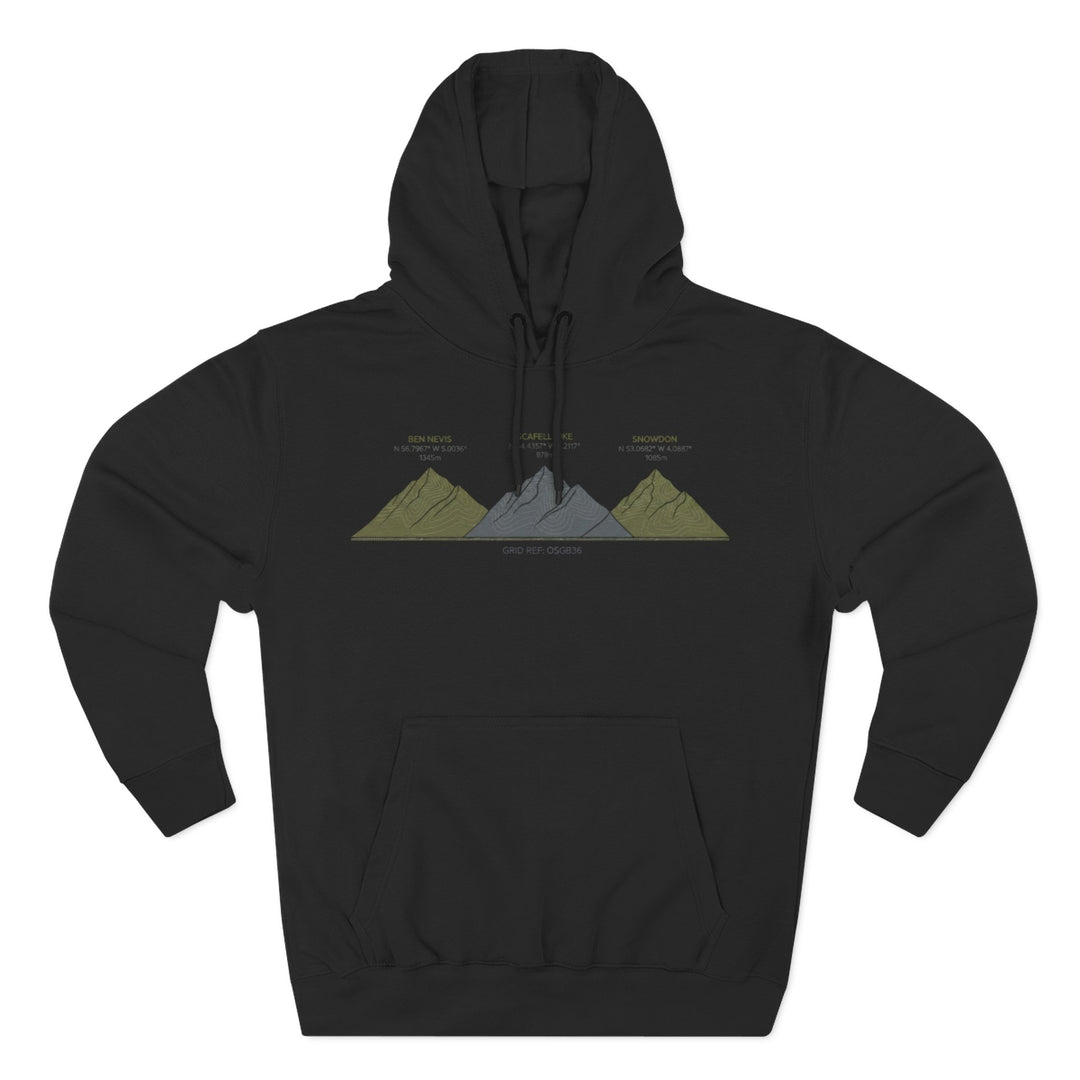 Three Peaks Challenge Graphic Hoodie — Retro UK Mountain Heritage Pullover