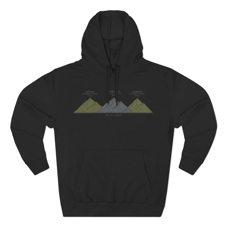 Three Peaks Challenge Graphic Hoodie — Retro UK Mountain Heritage Pullover