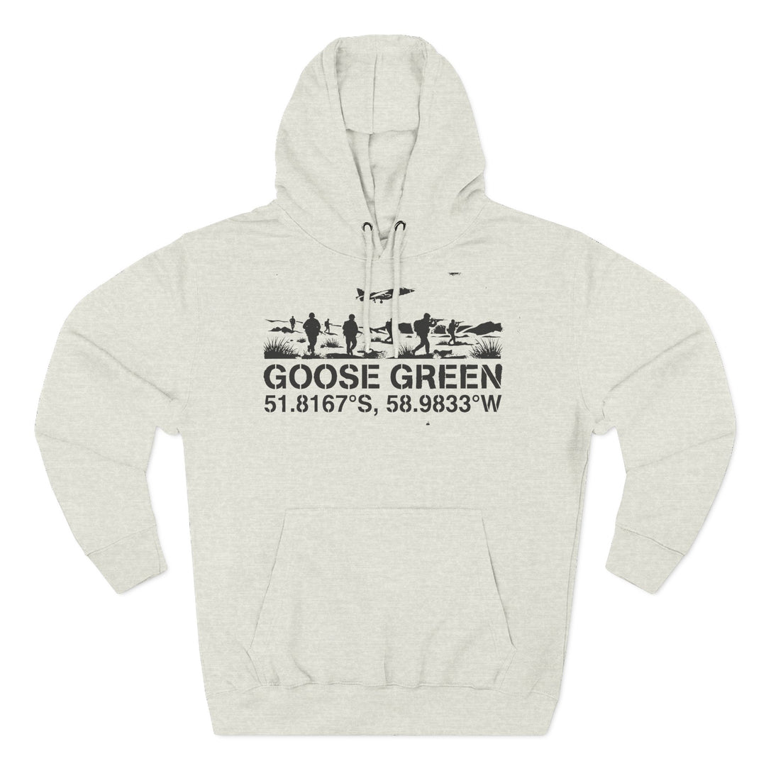 Heather grey hoodie by S&amp;W Gallus with a front pouch pocket and a graphic featuring soldiers and geographic coordinates.