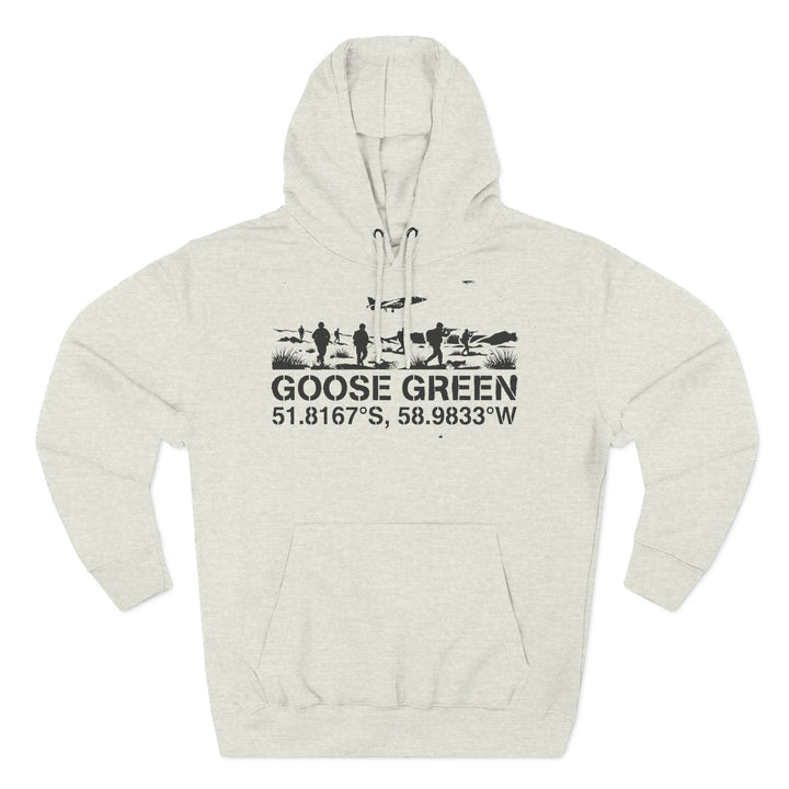 Heather grey hoodie by S&amp;W Gallus with a front pouch pocket and a graphic featuring soldiers and geographic coordinates.