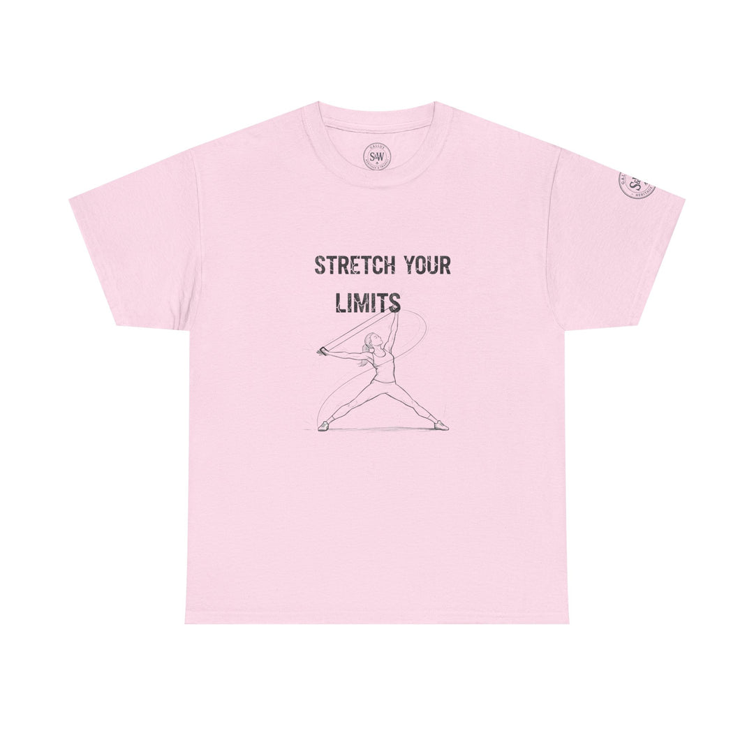 Pink t-shirt by S&amp;W Gallus featuring a stretch exercise graphic and "Stretch Your Limits" text.