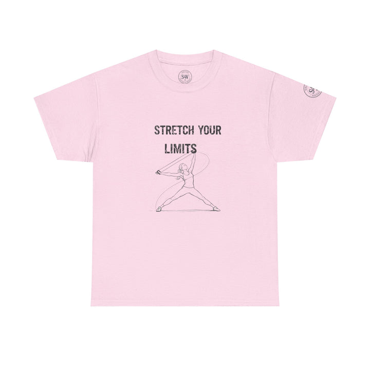Pink t-shirt by S&amp;W Gallus featuring a stretch exercise graphic and "Stretch Your Limits" text.