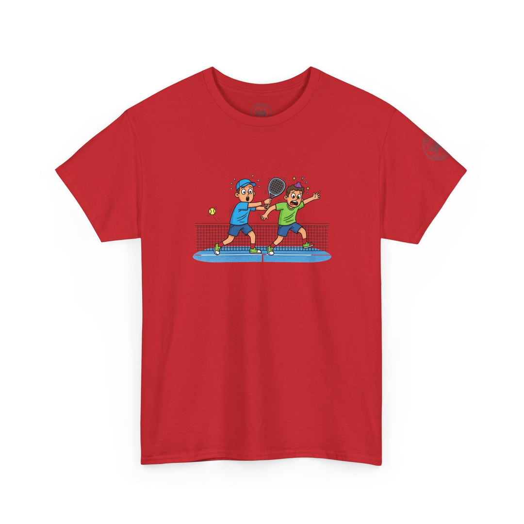 Red T-shirt with padel players graphic by S&amp;W Gallus featuring cartoon players and a tennis ball.
